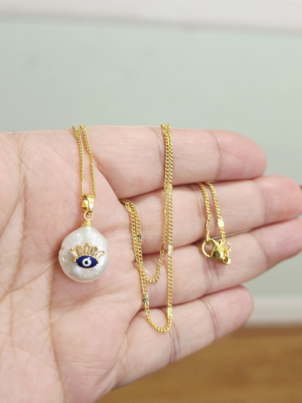 Gold Pearl Evil Eye Pendant Necklace - White Pearl